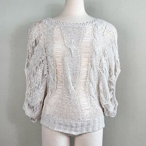 Crochet Knit Cream Boho Oversized Kimono Sleeve Blouse Top
